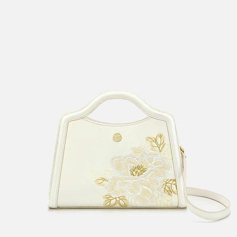 Embroidery Peony White Leather Tote Bag - SinoCultural -- P120432