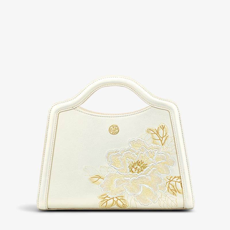 Embroidery Peony White Leather Tote Bag - SinoCultural -- P120432