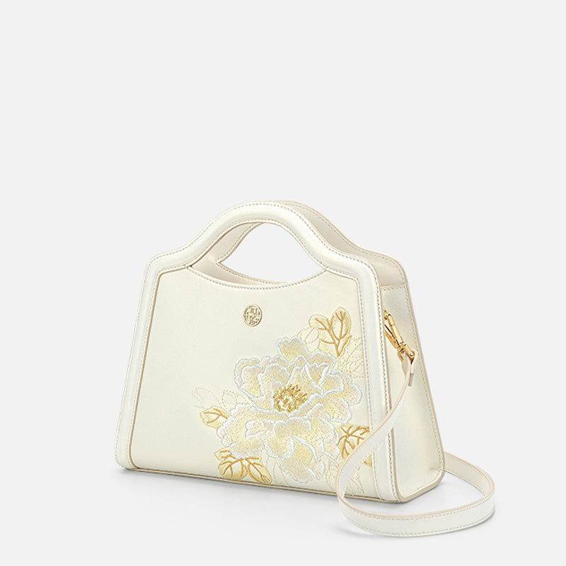 Embroidery Peony White Leather Tote Bag - SinoCultural -- P120432