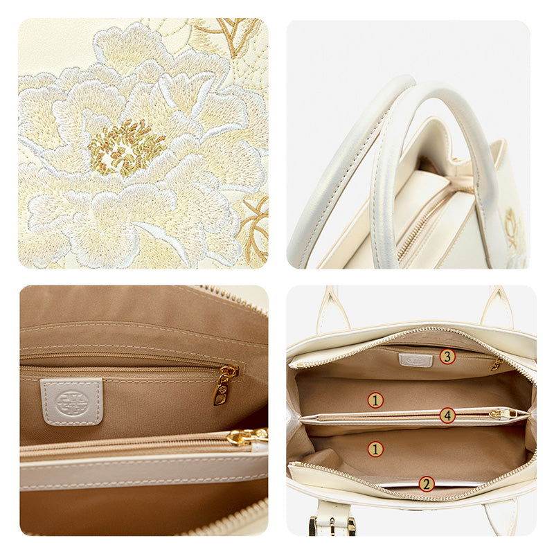 Embroidery Peony White Leather Tote Bag - SinoCultural -- P120432