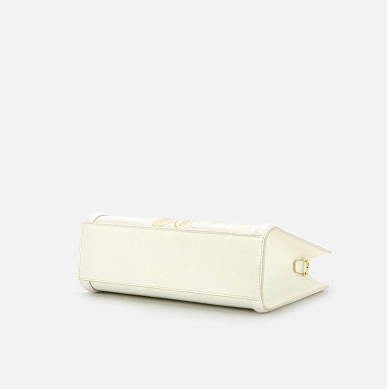 Embroidery Peony White Leather Tote Bag - SinoCultural -- P120432