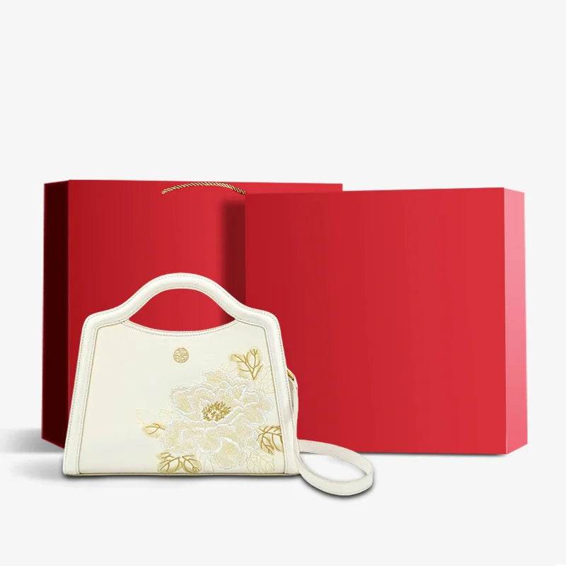 Embroidery Peony White Leather Tote Bag - SinoCultural -- P120432