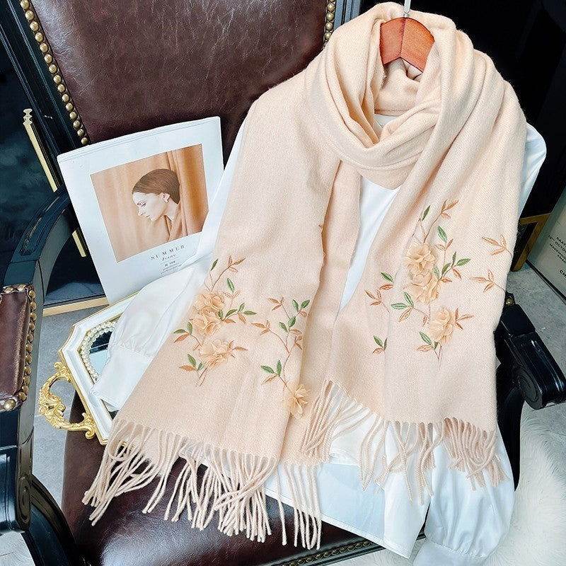 Embroidery 100% Pure Cashmere Scarf Rose 200x60 cm - SinoCultural -- HYFSJ038A01