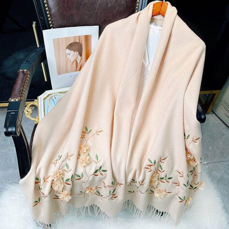 Embroidery 100% Pure Cashmere Scarf Rose 200x60 cm - SinoCultural -- HYFSJ038A01