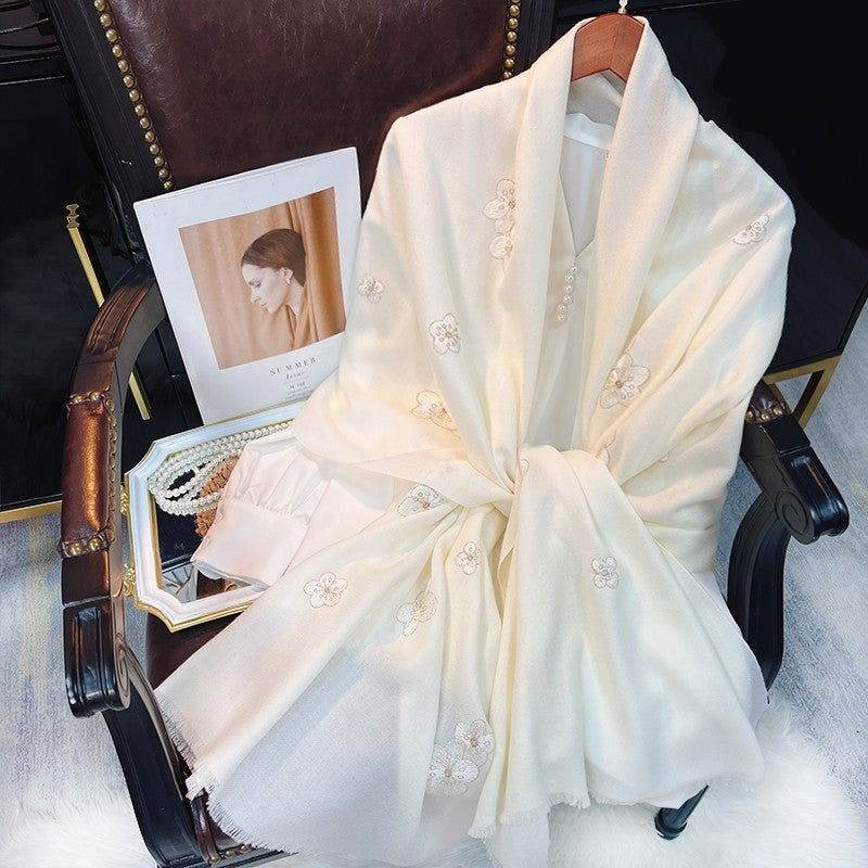 Embroidery 100% Pure Wool Cashmere Scarf for Winter 200x60 cm - SinoCultural -- HYFSJ047A01
