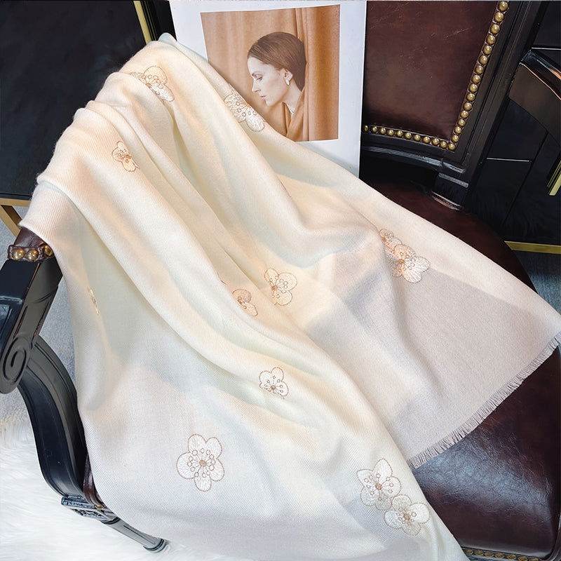 Embroidery 100% Pure Wool Cashmere Scarf for Winter 200x60 cm - SinoCultural -- HYFSJ047A01