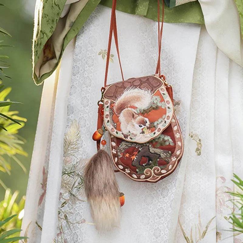 Embroidery Retro Crossbody Phone Wallet Squirrel and Hazel - SinoCultural -- PWCD195