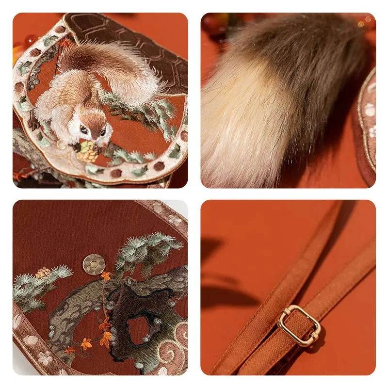 Embroidery Retro Crossbody Phone Wallet Squirrel and Hazel - SinoCultural -- PWCD195