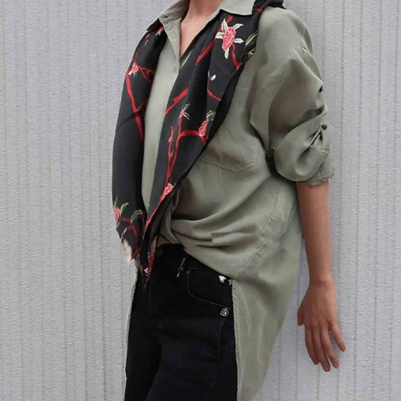 Luxurious Elegant Vintage Black Floral Silk Square Scarf 87 x 87 cm - SinoCultural -- LS035