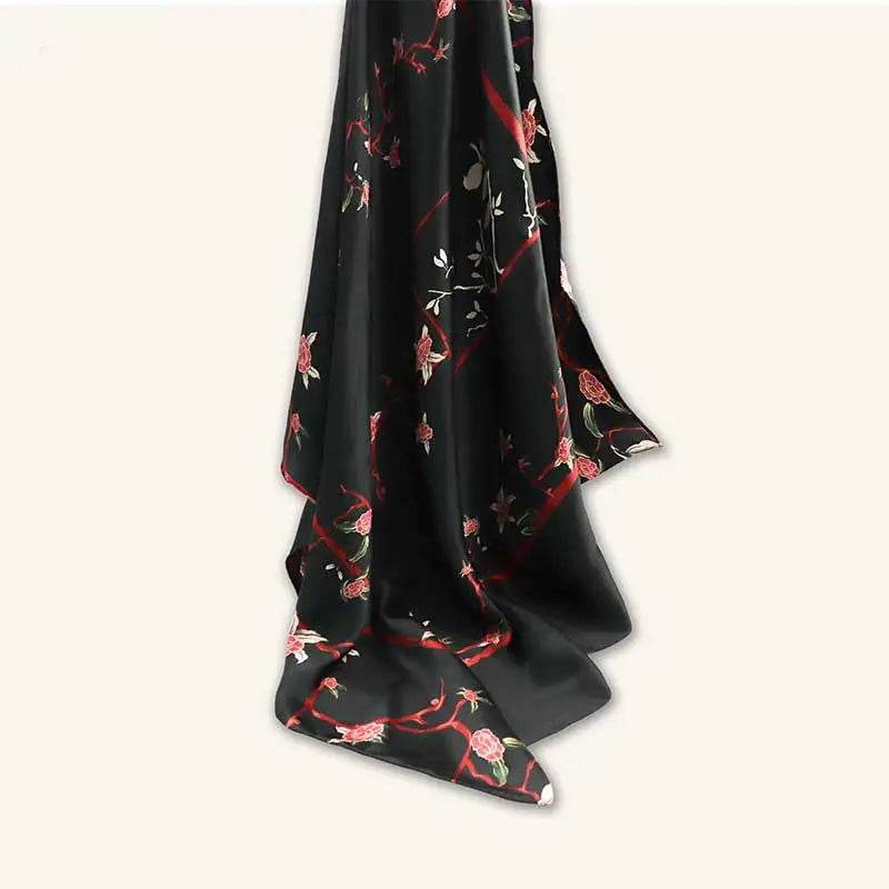 Luxurious Elegant Vintage Black Floral Silk Square Scarf 87 x 87 cm - SinoCultural -- LS035