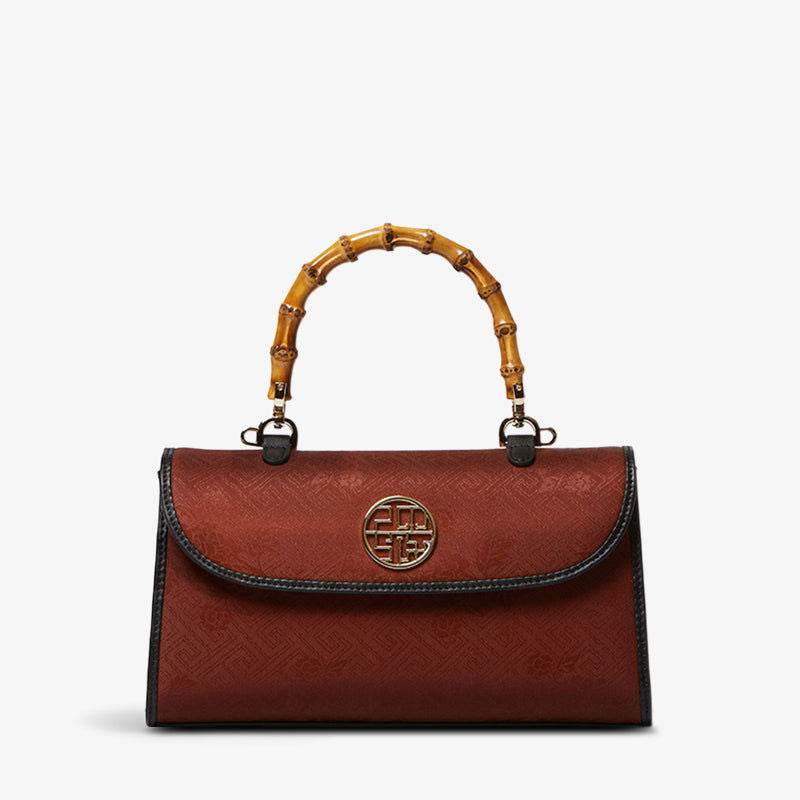 Xiangyunsha Silk Bamboo Handle Brwon Handbag - SinoCultural -- P170079-2 -