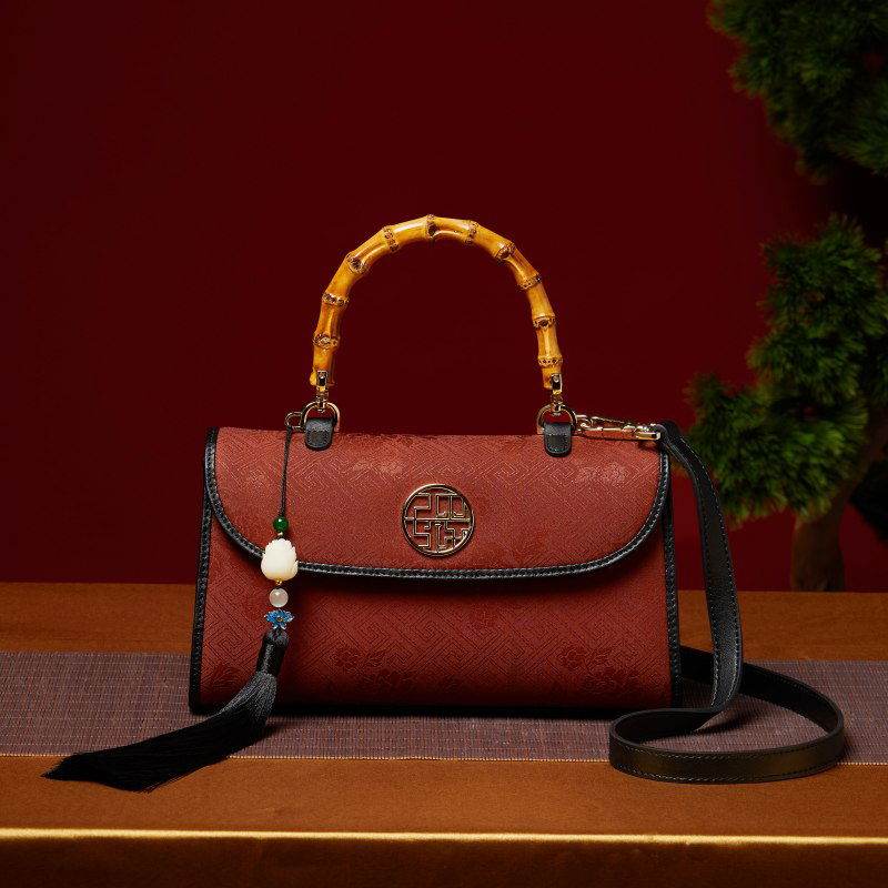 Xiangyunsha Silk Bamboo Handle Brwon Handbag - SinoCultural -- P170079-2 -