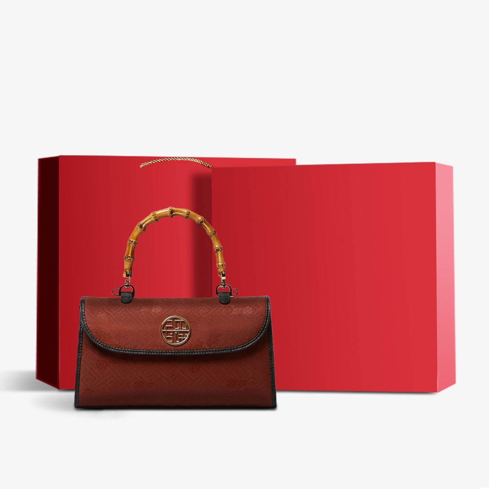 Xiangyunsha Silk Bamboo Handle Brwon Handbag - SinoCultural -- P170079-2 -