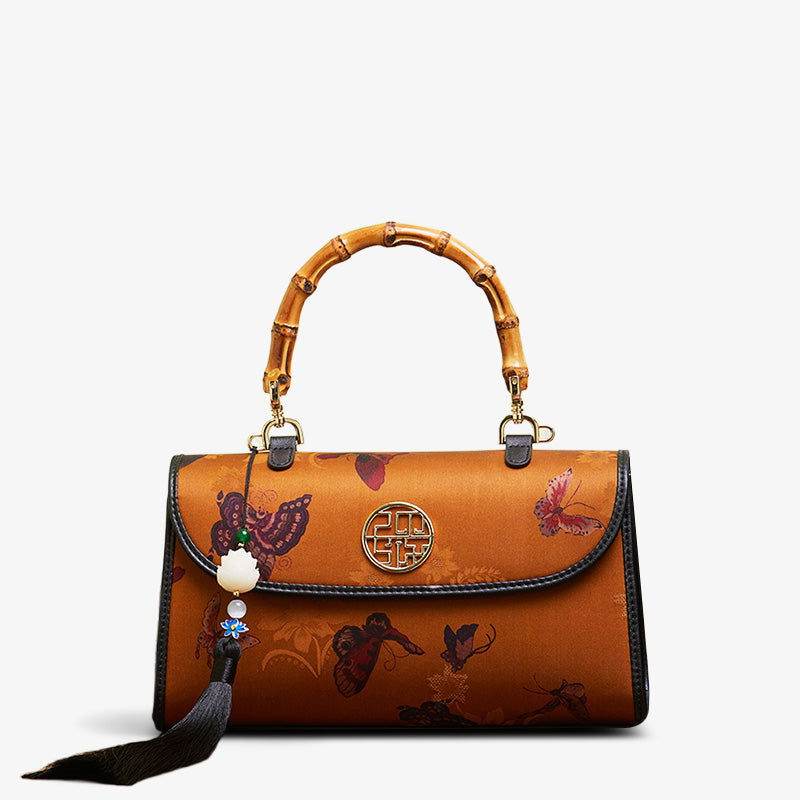 Xiangyunsha Silk Brown Butterfly Bamboo Handle Handbag - SinoCultural -- P170079BK