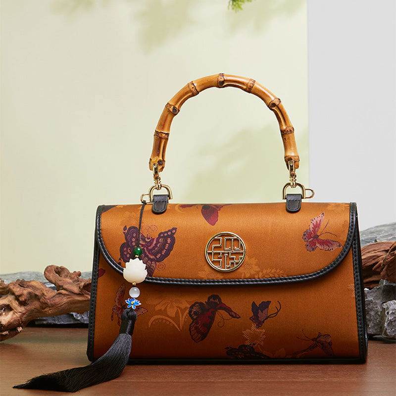 Xiangyunsha Silk Brown Butterfly Bamboo Handle Handbag - SinoCultural -- P170079BK