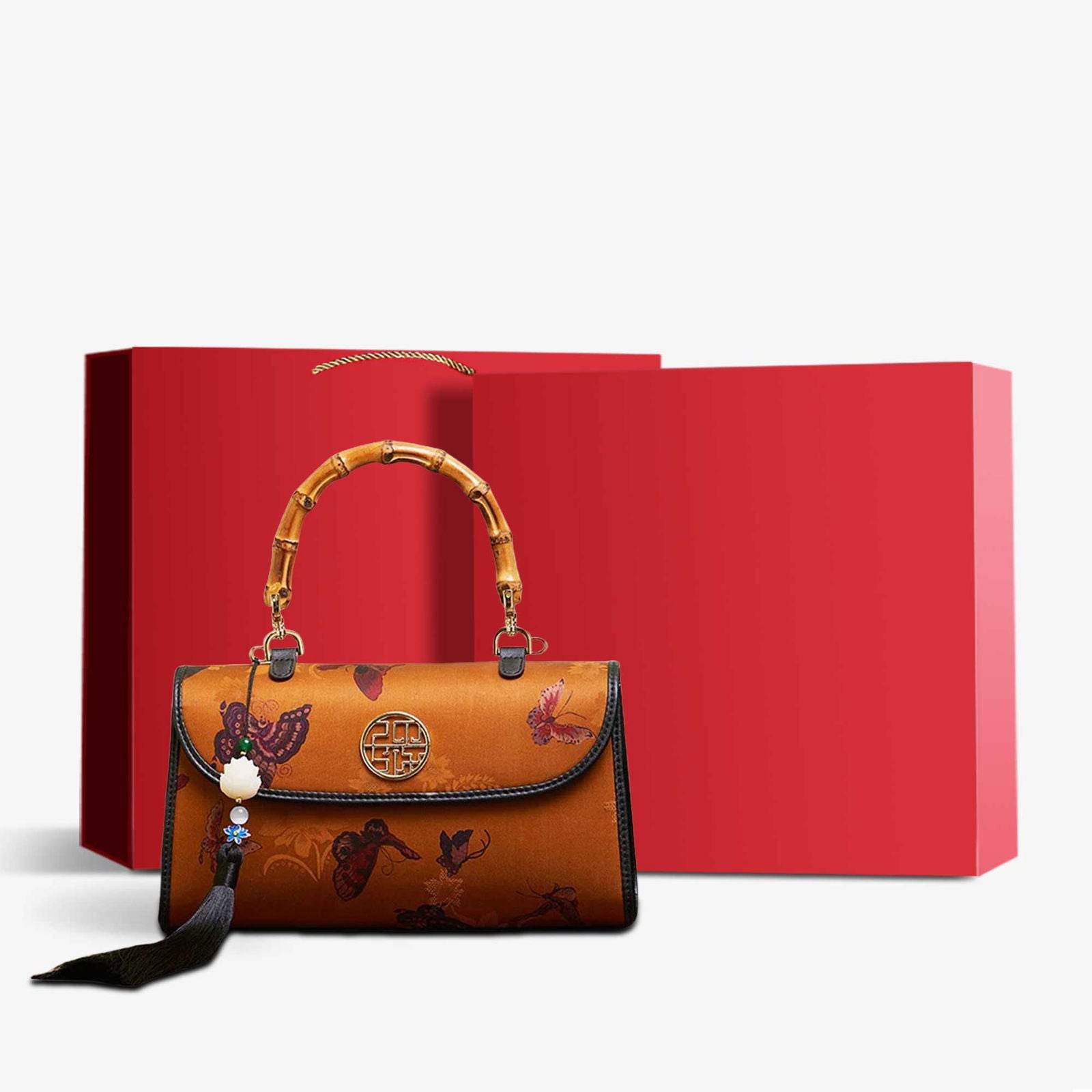 Xiangyunsha Silk Brown Butterfly Bamboo Handle Handbag - SinoCultural -- P170079BK