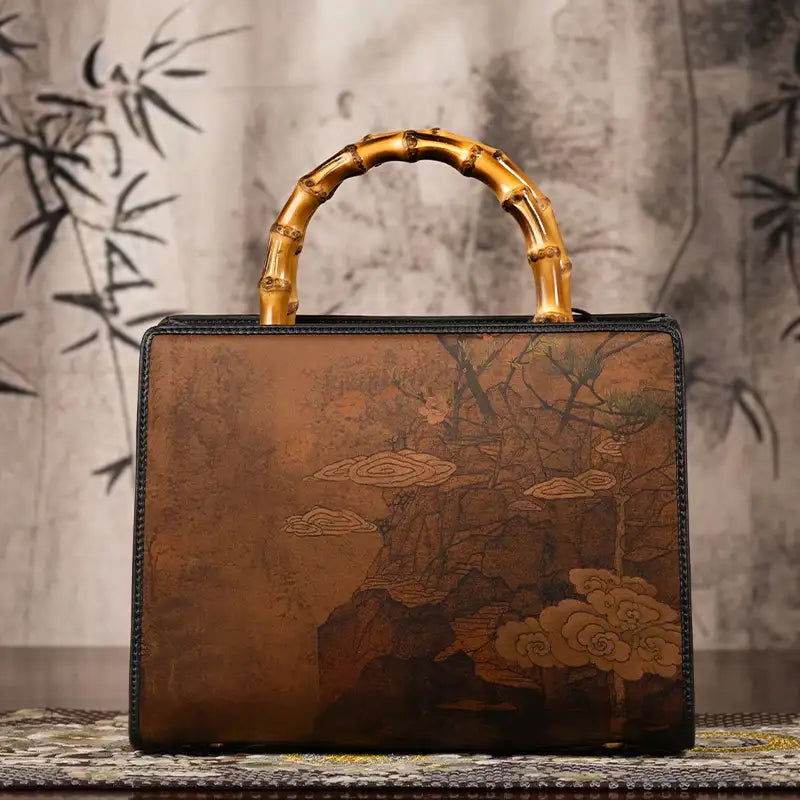 Xiangyunsha Silk Chinese Style Retro Bamboo Handle Tote Handbag - SinoCultural -- W4189-1 -