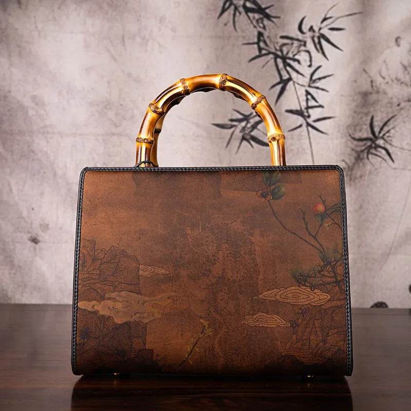 Xiangyunsha Silk Chinese Style Retro Bamboo Handle Tote Handbag - SinoCultural -- W4189-1 -