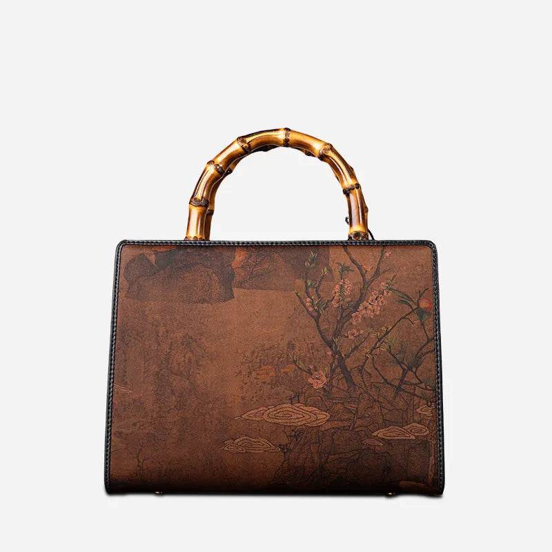 Xiangyunsha Silk Chinese Style Retro Bamboo Handle Tote Handbag - SinoCultural -- W4189-1 -