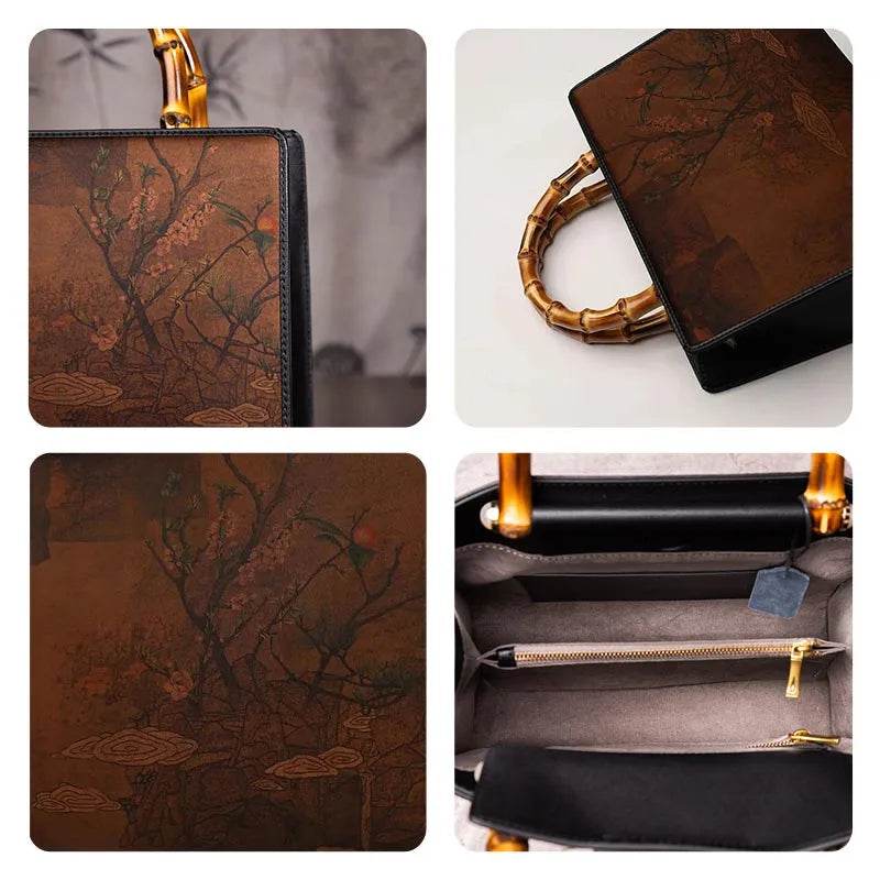Xiangyunsha Silk Chinese Style Retro Bamboo Handle Tote Handbag - SinoCultural -- W4189-1 -