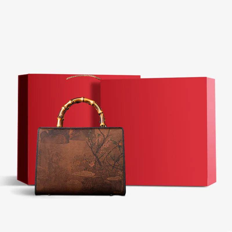 Xiangyunsha Silk Chinese Style Retro Bamboo Handle Tote Handbag - SinoCultural -- W4189-1 -