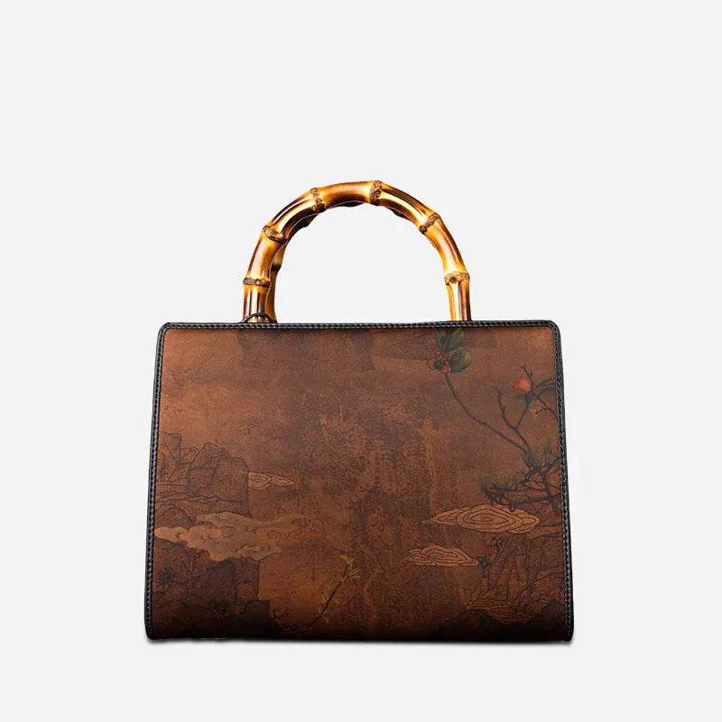 Xiangyunsha Silk Chinese Style Retro Bamboo Handle Tote Handbag - SinoCultural -- W4189-1 -
