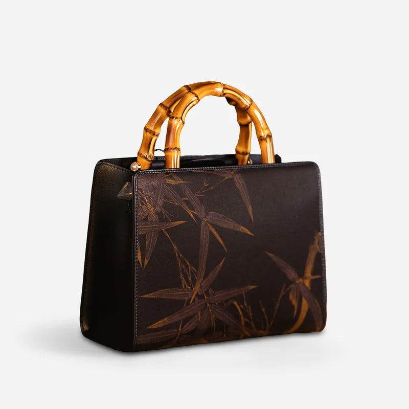 Xiangyunsha Silk Chinese Style Black Bamboo Handle Retro Handbag - SinoCultural -- W4189-2 -