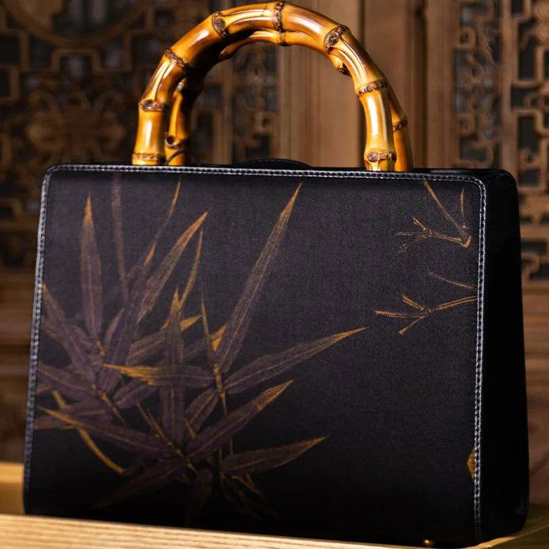 Xiangyunsha Silk Chinese Style Black Bamboo Handle Retro Handbag - SinoCultural -- W4189-2 -