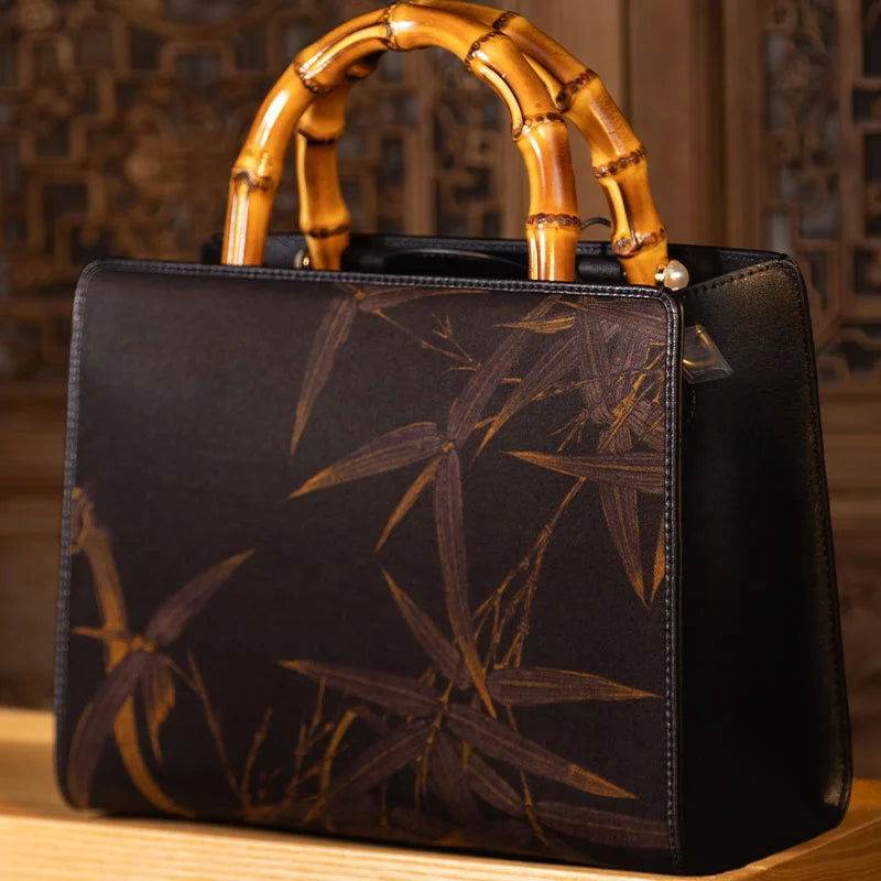 Xiangyunsha Silk Chinese Style Black Bamboo Handle Retro Handbag - SinoCultural -- W4189-2 -