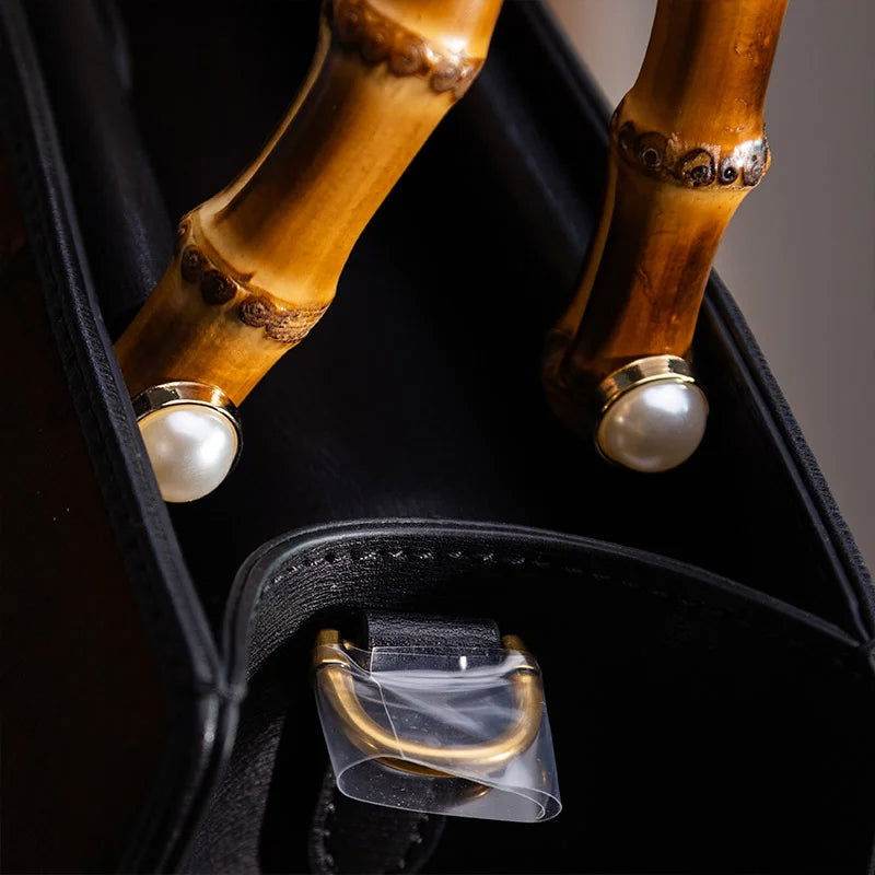 Xiangyunsha Silk Chinese Style Black Bamboo Handle Retro Handbag - SinoCultural -- W4189-2 -