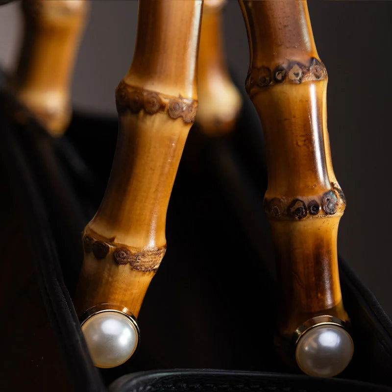 Xiangyunsha Silk Chinese Style Black Bamboo Handle Retro Handbag - SinoCultural -- W4189-2 -