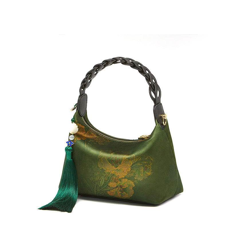 Xiangyunsha Silk Dark Green Mulberry Silk Shoulder Bag - SinoCultural