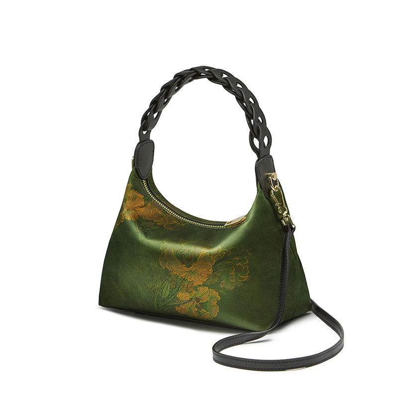 Xiangyunsha Silk Dark Green Mulberry Silk Shoulder Bag - SinoCultural