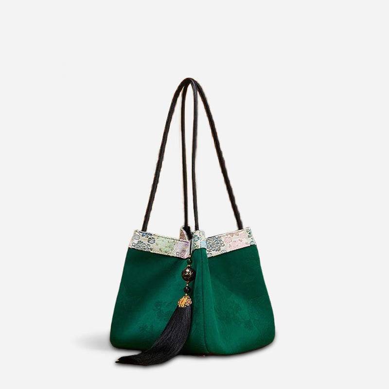 Xiangyunsha Silk Jacquard Vintage Green Bucket Bag - SinoCultural -- P17062005-3