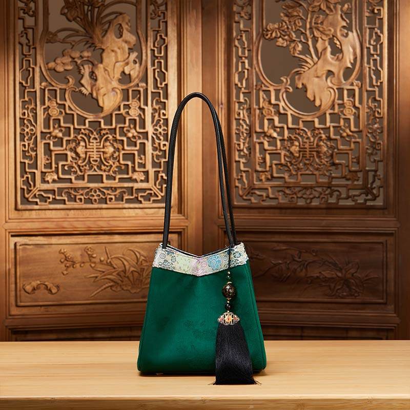 Xiangyunsha Silk Jacquard Vintage Green Bucket Bag - SinoCultural -- P17062005-3