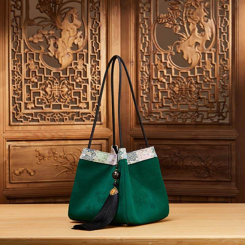 Xiangyunsha Silk Jacquard Vintage Green Bucket Bag - SinoCultural -- P17062005-3