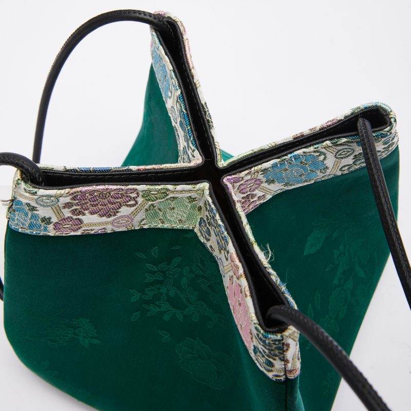 Xiangyunsha Silk Jacquard Vintage Green Bucket Bag - SinoCultural -- P17062005-3