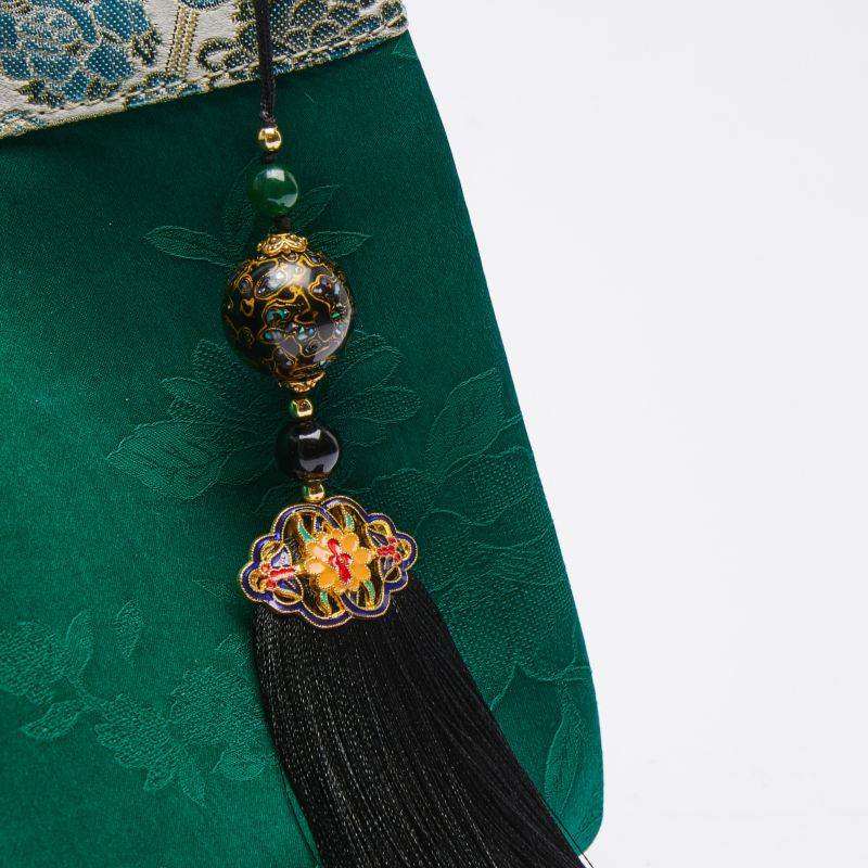 Xiangyunsha Silk Jacquard Vintage Green Bucket Bag - SinoCultural -- P17062005-3