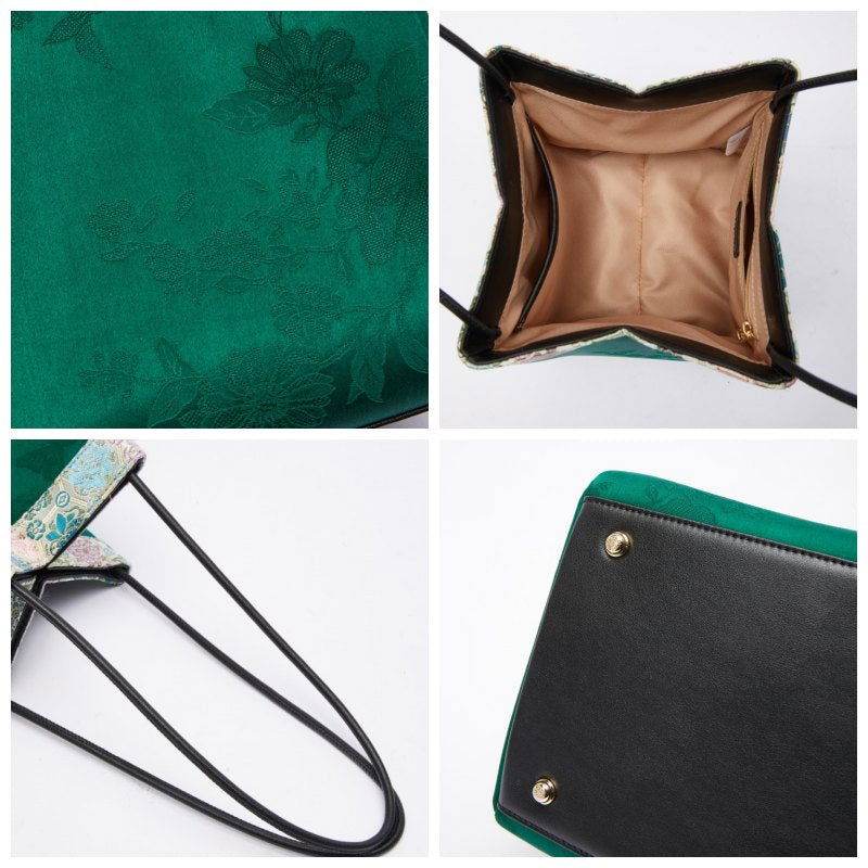 Xiangyunsha Silk Jacquard Vintage Green Bucket Bag - SinoCultural -- P17062005-3