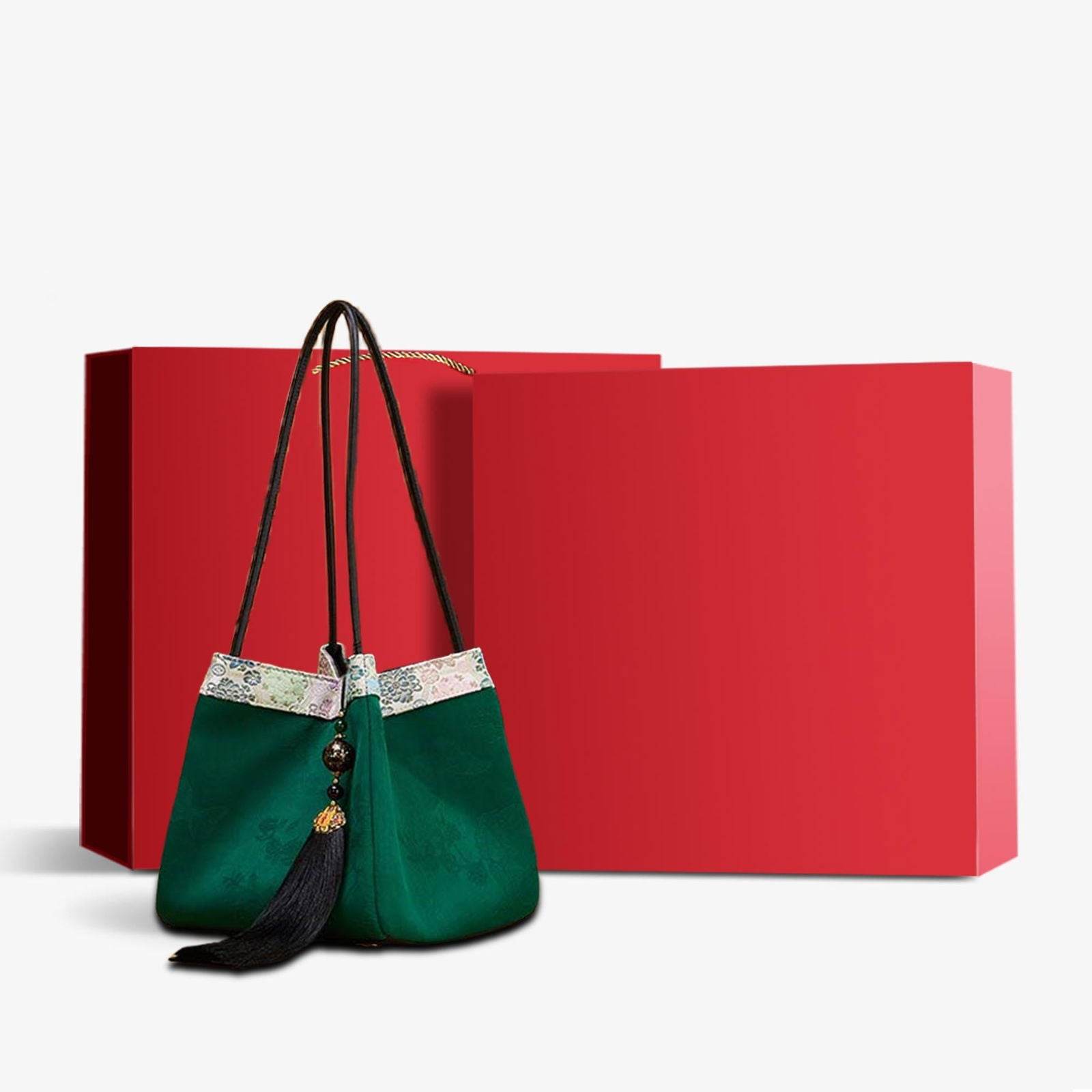 Xiangyunsha Silk Jacquard Vintage Green Bucket Bag - SinoCultural -- P17062005-3