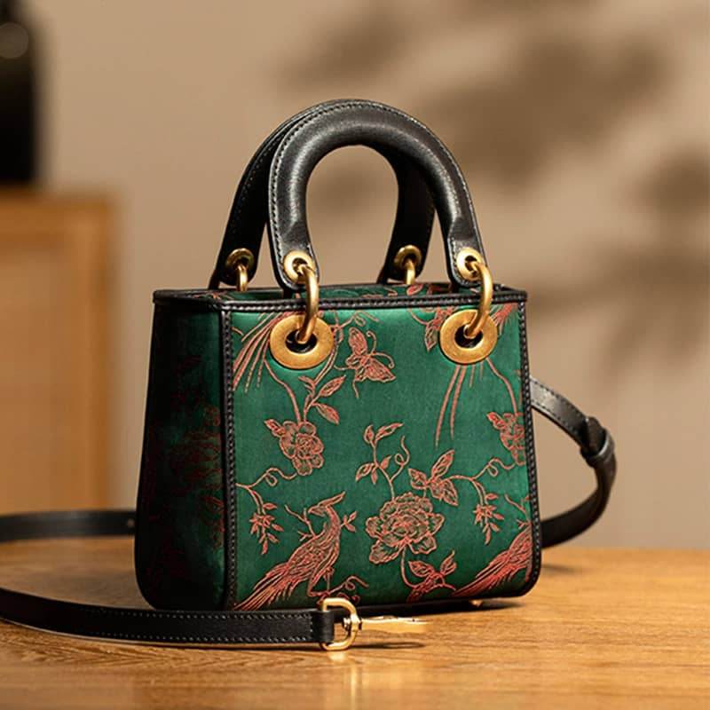 Xiangyunsha Silk Green Retro Cowhide Handbag with Pendant - SinoCultural -- KM-0126-S3