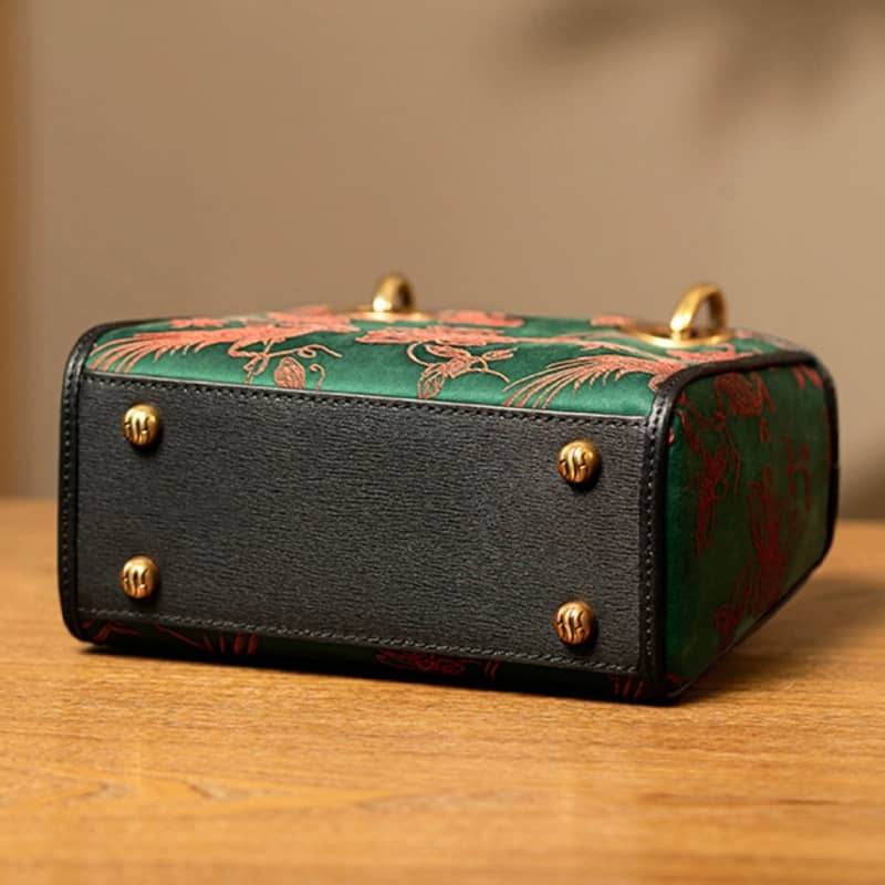 Xiangyunsha Silk Green Retro Cowhide Handbag with Pendant - SinoCultural -- KM-0126-S3