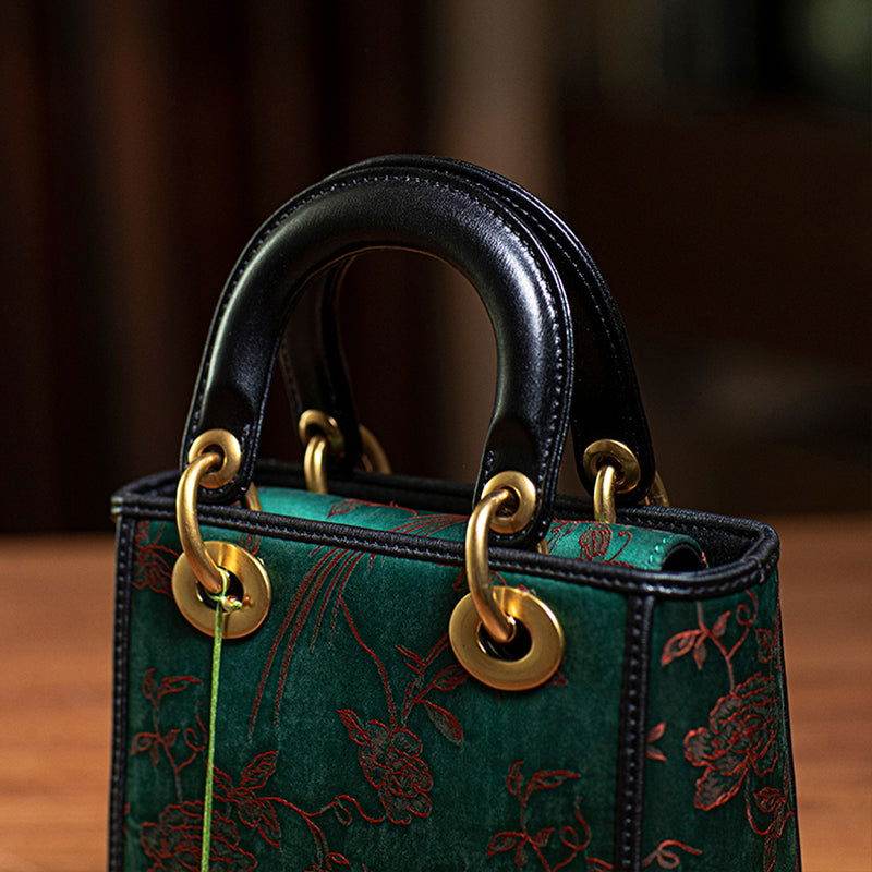 Xiangyunsha Silk Green Retro Cowhide Handbag with Pendant - SinoCultural -- KM-0126-S3