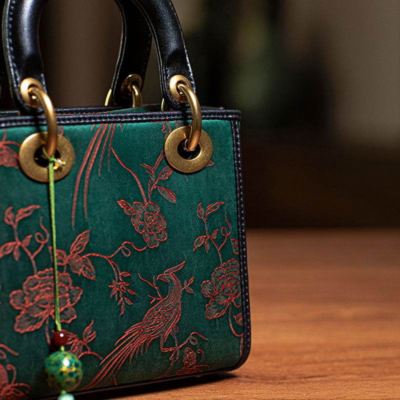 Xiangyunsha Silk Green Retro Cowhide Handbag with Pendant - SinoCultural -- KM-0126-S3