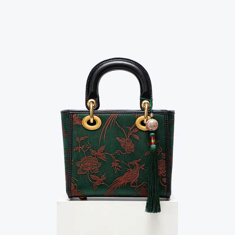 Xiangyunsha Silk Green Retro Cowhide Handbag with Pendant - SinoCultural -- KM-0126-S3