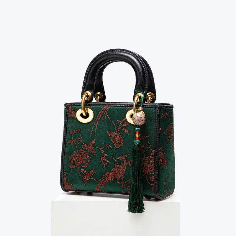 Xiangyunsha Silk Green Retro Cowhide Handbag with Pendant - SinoCultural -- KM-0126-S3