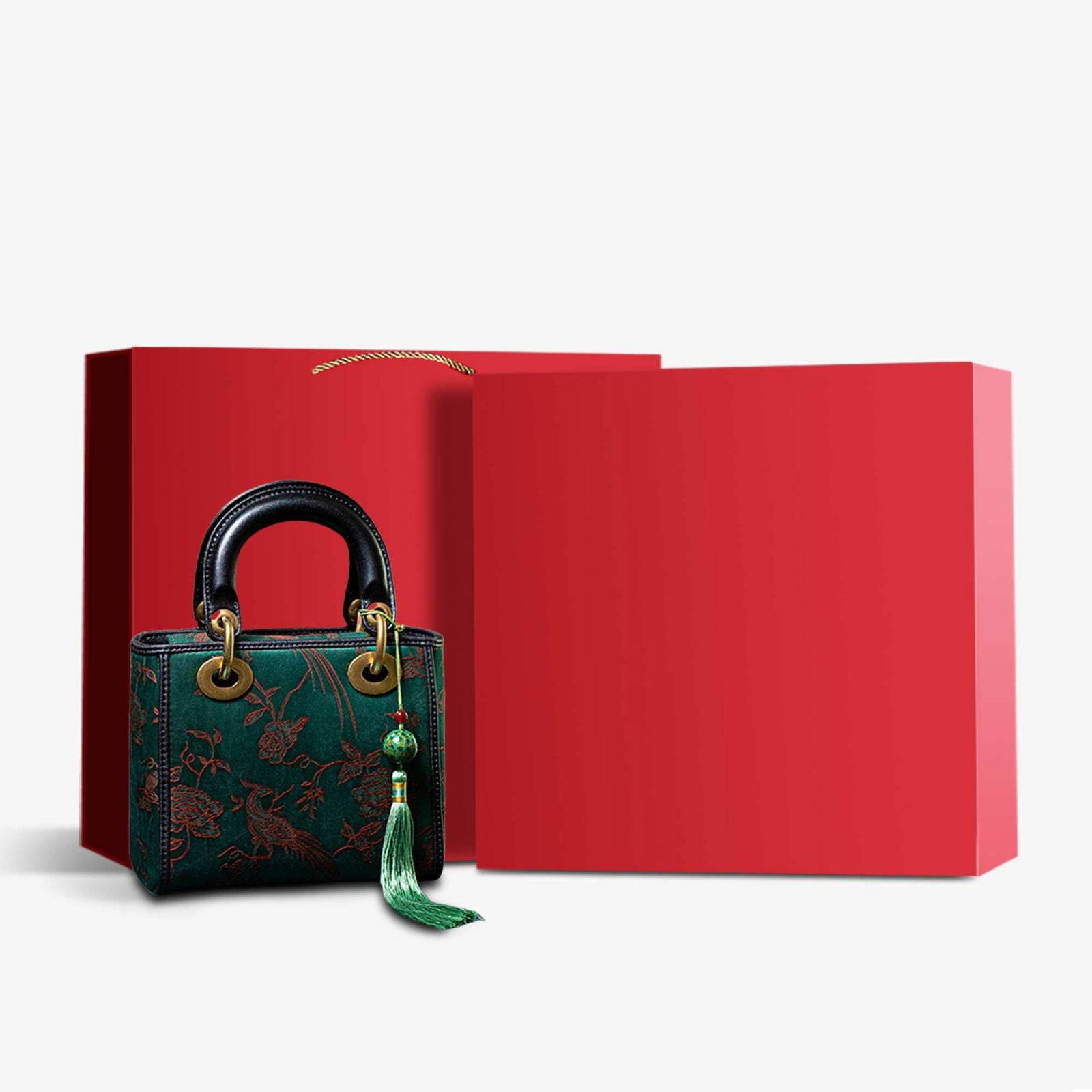 Xiangyunsha Silk Green Retro Cowhide Handbag with Pendant - SinoCultural -- KM-0126-S3
