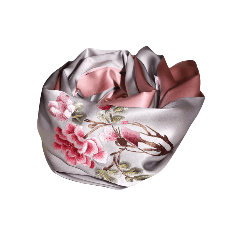 Handcrafted Suzhou Embroidery 100% Mulberry Silk Scarf 155x35 cm - SinoCultural -- HYFSJ006-1