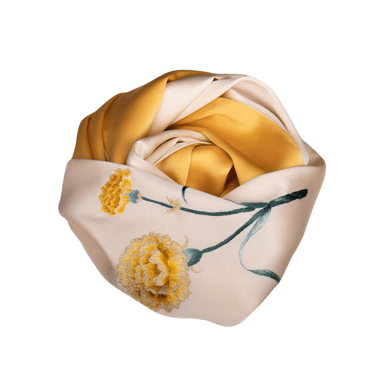 Peony flower hand embroidery detail on silk scarf 155x35cm - SinoCultural -- HYFSJ010-1