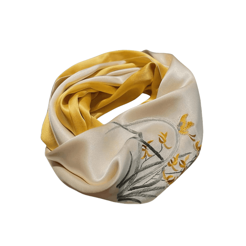 Hand Embroidered Suzhou 16 Momme Silk Scarf Luxury 155x35cm - SinoCultural -- HYFSJ025A01